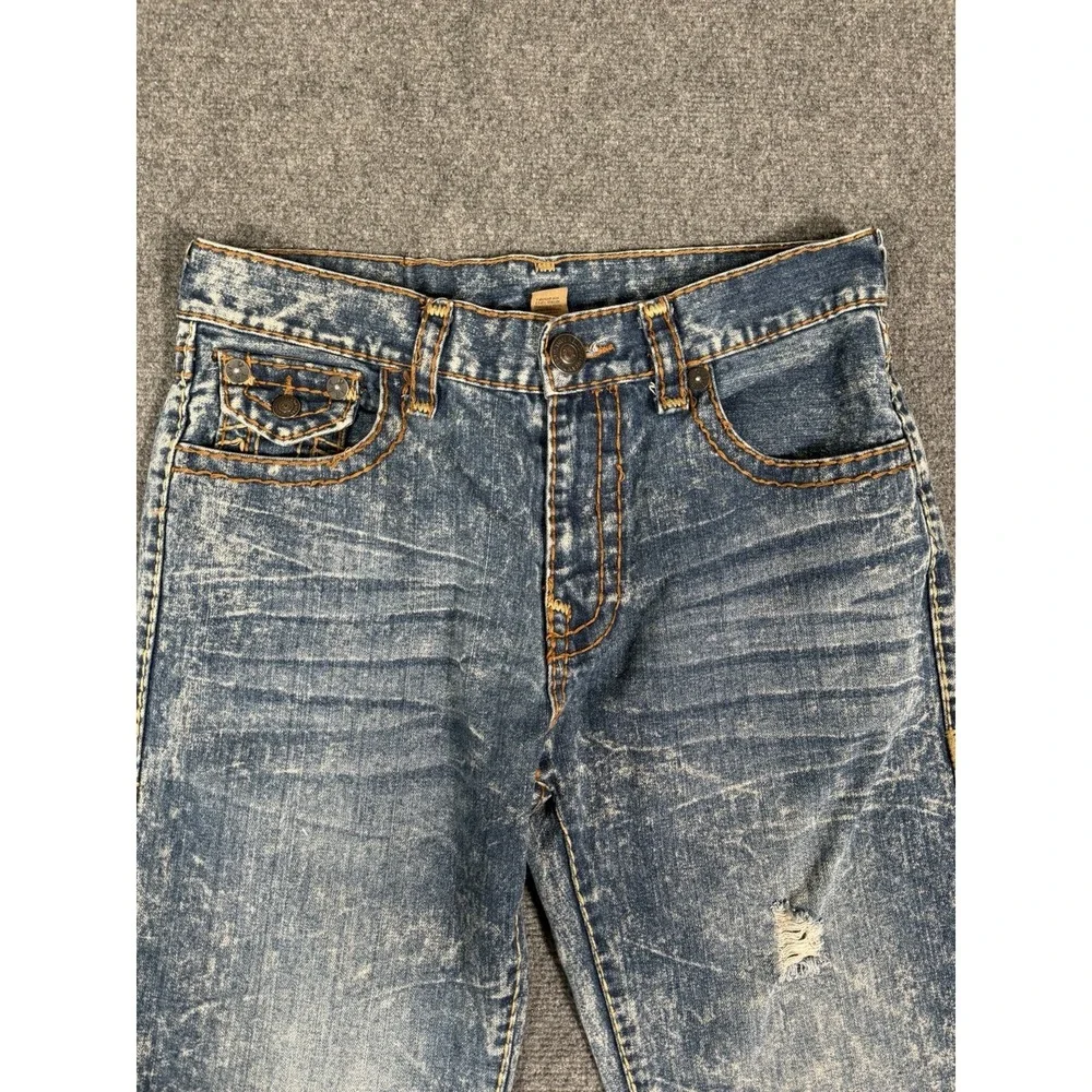 True Religion Ricky Straight Jeans Mens 34 Acid Wash Distressed Flap Pocket USA